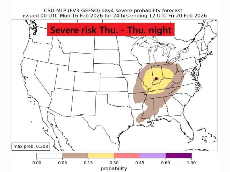 Illinois and Indiana Marked as Nation’s Highest Severe Storm Risk Thursday Night, CSU Model Highlights Midwest Bullseye