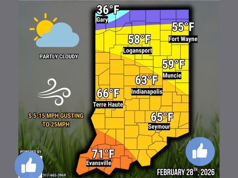 Indiana Forecast for February 28, 2026: Spring-Like 60s and 70s South While Northwest Indiana Stays in the 30s and 40s