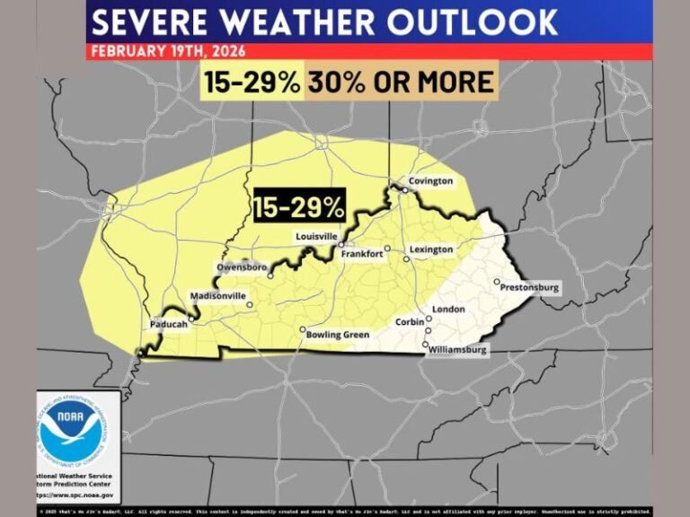Kentucky Placed in Day 4 Severe Weather Outlook With 15–29% Storm Risk From Paducah to Louisville and Lexington on February 19
