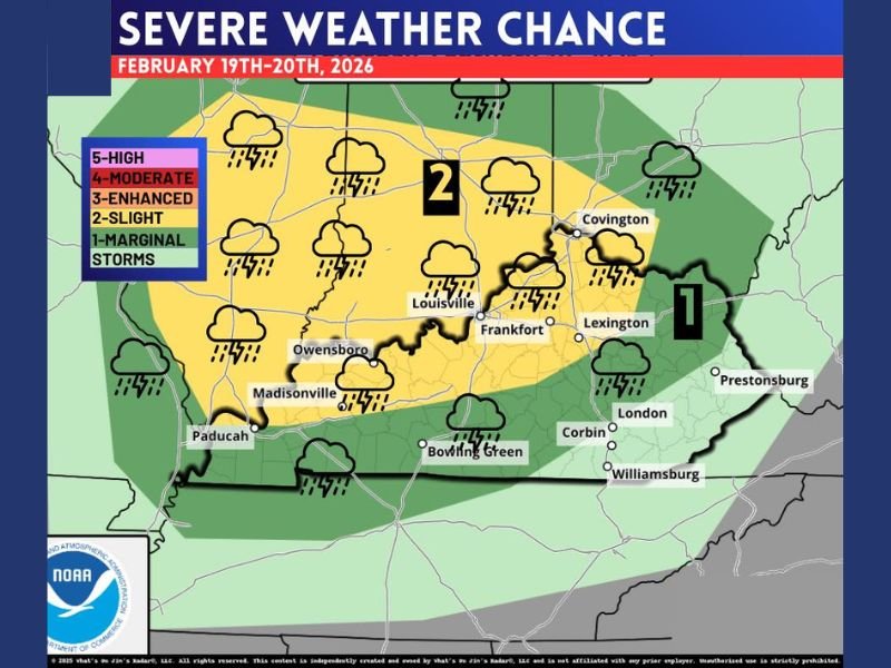 Kentucky Under Level 2 Severe Weather Risk Thursday as Louisville, Lexington and Western Counties Face Damaging Storm Potential