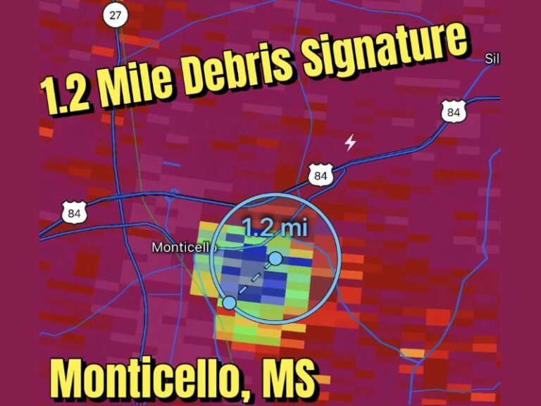 Large Tornado With 1.2-Mile-Wide Debris Signature Strikes Near Monticello, Mississippi in Overnight Storm