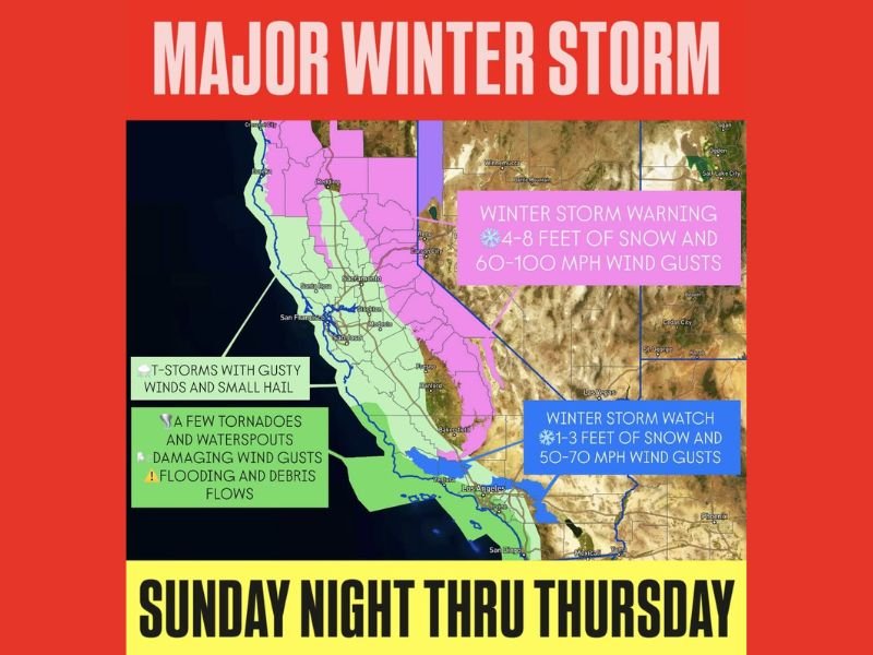 Major Winter Storm to Slam California From Sunday Night Through Thursday With 4–8 Feet of Mountain Snow, 100 MPH Winds, Flooding and Tornado Threat
