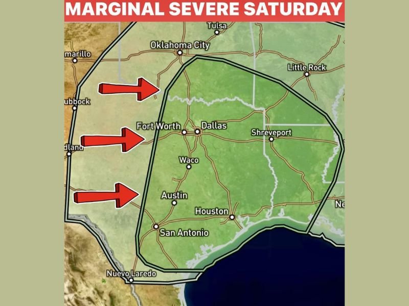 Marginal Severe Storm Risk Expands Across Texas From Dallas–Fort Worth to Houston as Saturday System Strengthens