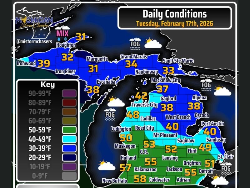 Michigan Braces for Foggy Start, Rain-to-Sleet Mix in Upper Peninsula, and 35+ MPH Wind Gusts Overnight