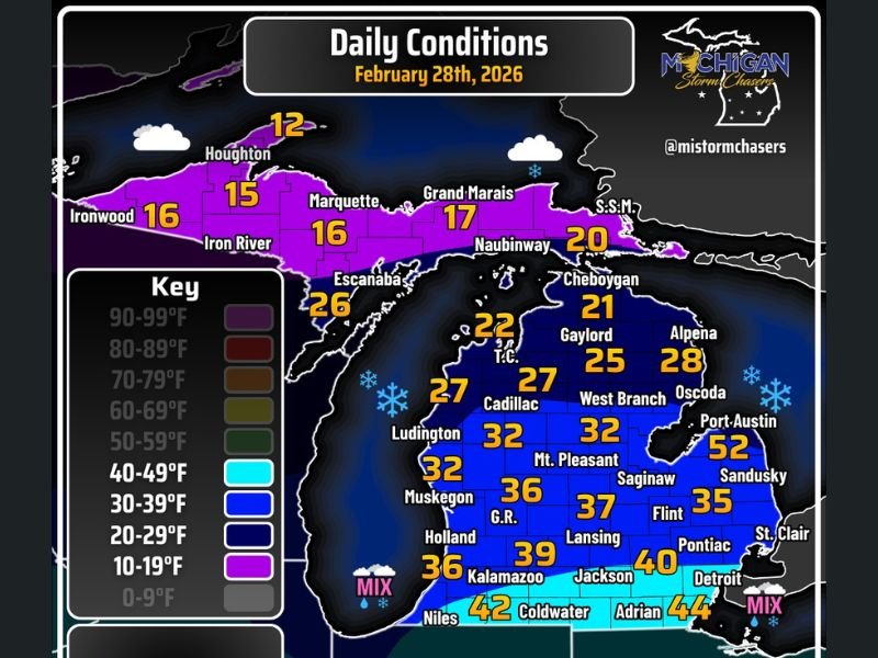 Michigan Daily Conditions for February 28, 2026 Show Snow Across Upper Peninsula and Dropping Temperatures Statewide