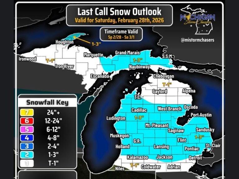 Michigan Snowfall Outlook for February 28, 2026: Lower Peninsula to See 1–3 Inches Overnight With Heavier Bands Near I-96 to M-46 Corridors
