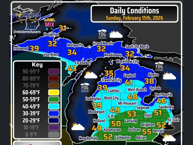 Michigan Warms Into the 50s Across the South While Fog and Freezing Rain Threaten the Upper Peninsula on Sunday, February 15