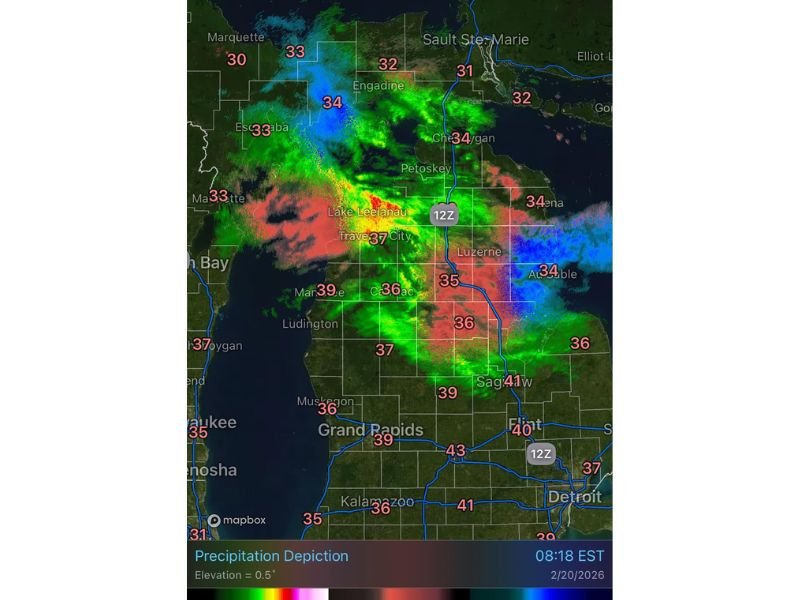 Michigan Winter System Triggers “Rainbow Radar” Mix Near Gaylord as Snow, Rain and Ice Spread Across Traverse City, Petoskey and Sault Ste. Marie