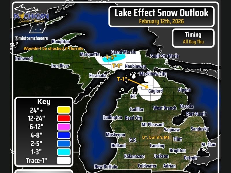 Michigan’s Lake Effect Snow Fades to a Narrow 1–3 Inch Band Near Munising While Most of the State Stays Largely Snow-Free