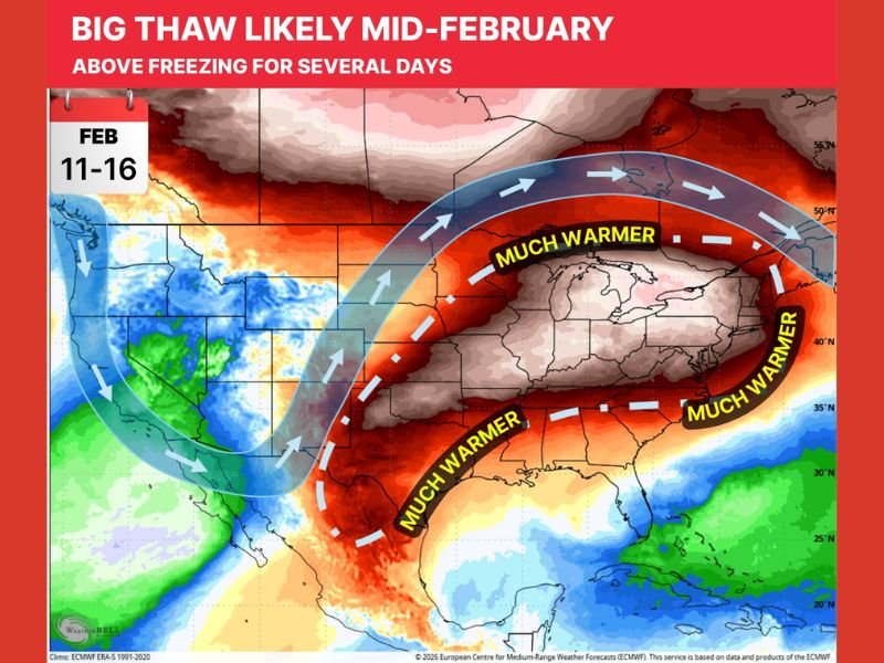 Midwest and East Could See a Mid-February “Big Thaw” With Several Days Above Freezing After Deep Arctic Cold, Forecast Graphic Shows
