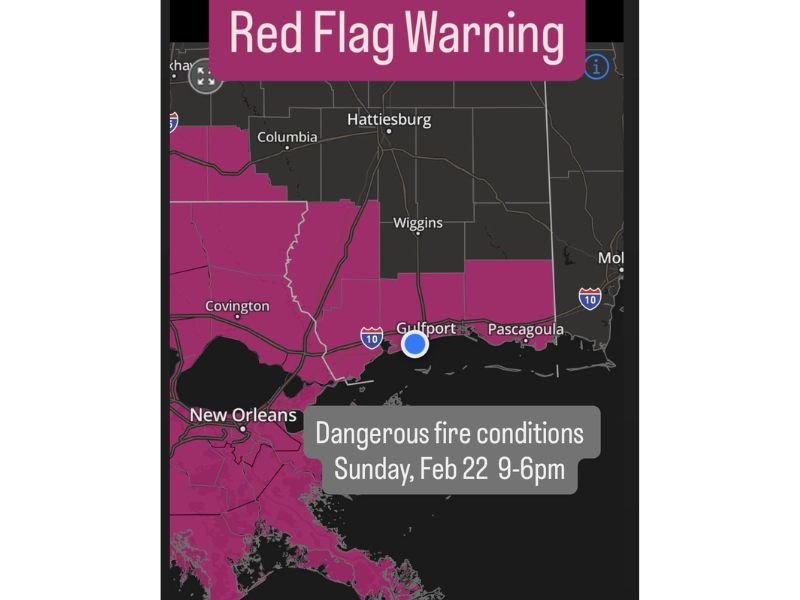 Mississippi and Louisiana Under Red Flag Warning Sunday as 40 MPH North Wind Gusts and Very Low Humidity Raise Fast-Spreading Wildfire Risk