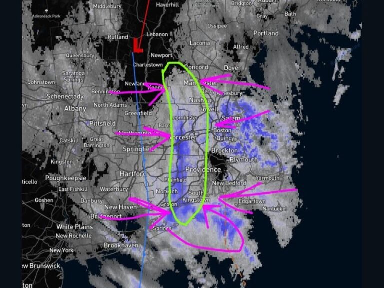 New Hampshire and Massachusetts Snow Trough Stalls Near Manchester–Nashua Corridor, Bringing 4–8 More Inches as Coastal Bands Add 2–6