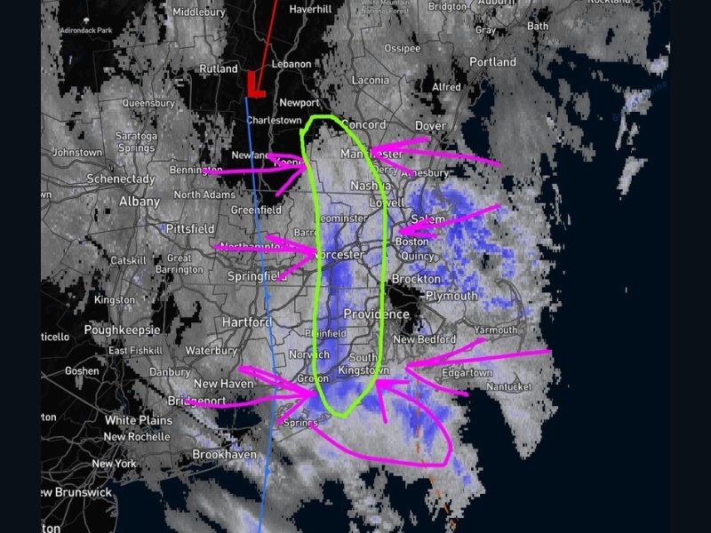New Hampshire and Massachusetts Snow Trough Stalls Near Manchester–Nashua Corridor, Bringing 4–8 More Inches as Coastal Bands Add 2–6