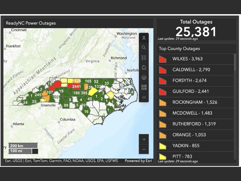 North Carolina Wind Gusts Trigger 25,381 Power Outages, With Wilkes, Caldwell and Forsyth Counties Hit Hardest