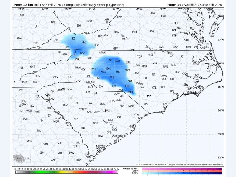 North Carolina and Virginia Could See Midday Sunday Snow Showers Dropping a Quick Coating as Bands Slide In From the Northwest