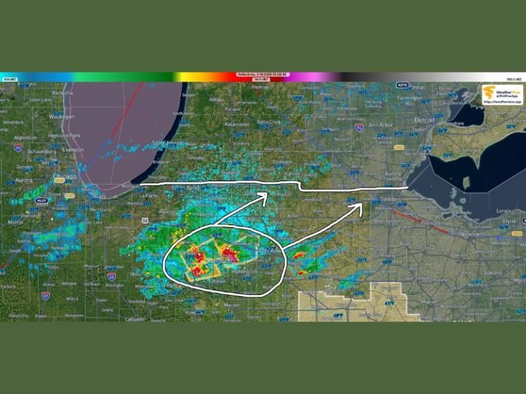 Northern Indiana Storm Cluster Moves Toward Michigan at 45 MPH as Strong Thunderstorms Track Along and South of I-94