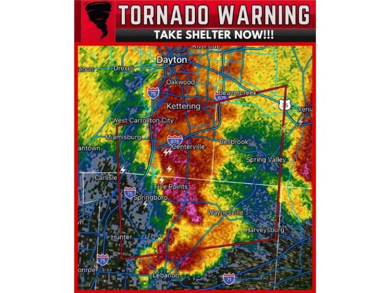 Ohio Tornado Warning Issued as Severe Storm Near Springboro Moves East at 35 MPH Toward Dayton-Area Communities
