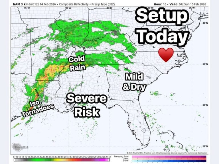 Powerful Valentine’s Day Storm Brings Tornado Threat to Texas and Louisiana While Cold Rain Spreads Across the Deep South
