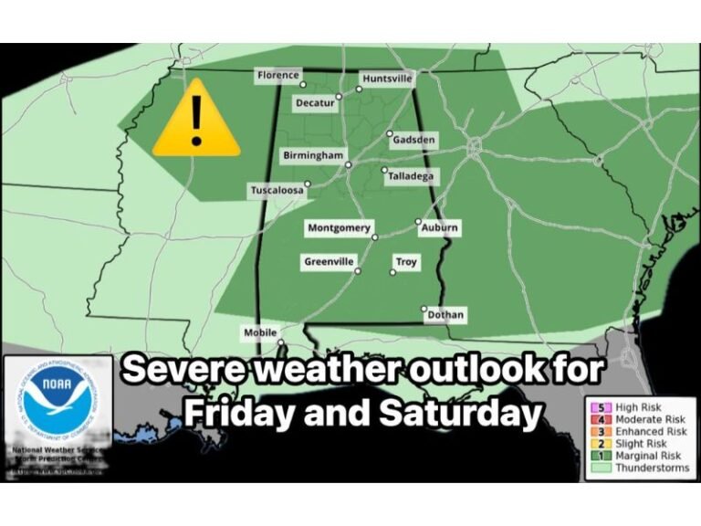 Quarter-Size Hail and 60 MPH Wind Threat Target Alabama Friday Night Into Saturday as Storm System Intensifies