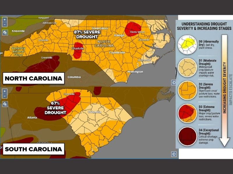 Severe Drought Worsens Across North Carolina and South Carolina With 87% of NC and 67% of SC Now in Severe Conditions, Worst Spread Since 2008