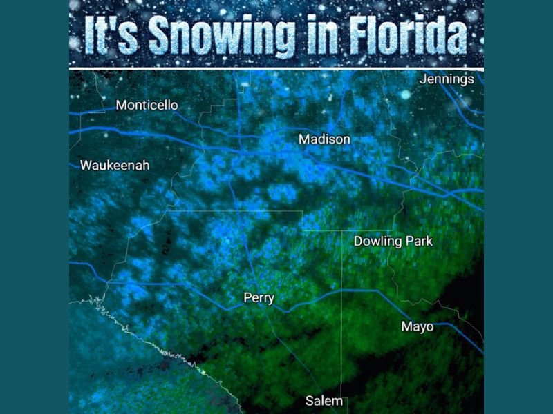 Snow Begins Falling Across North Florida as Radar Confirms Flurries Near Perry and Tallahassee Moving East and South