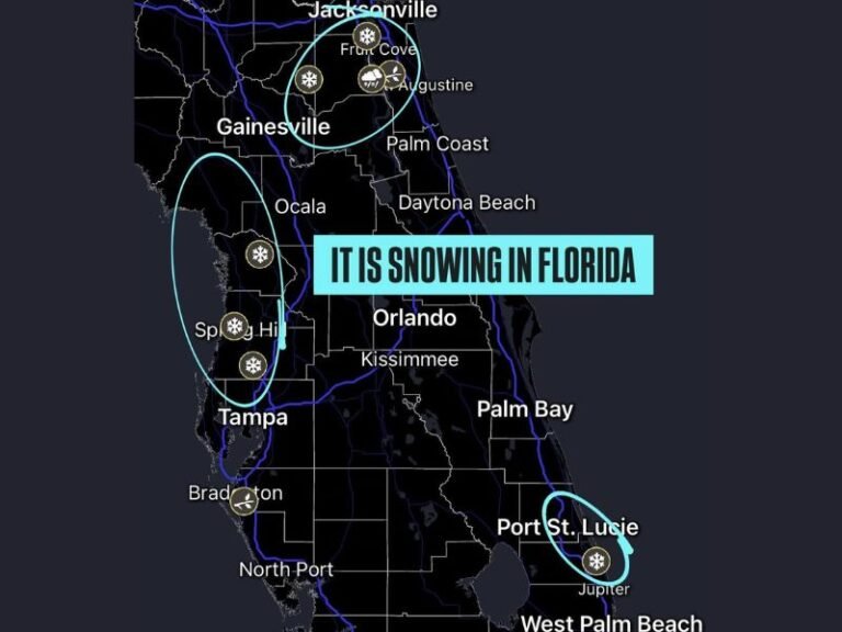 Snowfall Pushes Deep Into Florida as Reports Confirm Flurries Near Tampa, Jacksonville, and West Palm Beach Saturday Evening