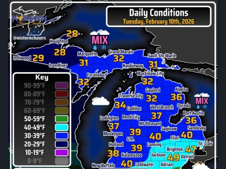 Southern Michigan Briefly Warms to Near 50 Degrees as Most of the State Stays in the 30s With Mixed Precipitation and Gusty Winds