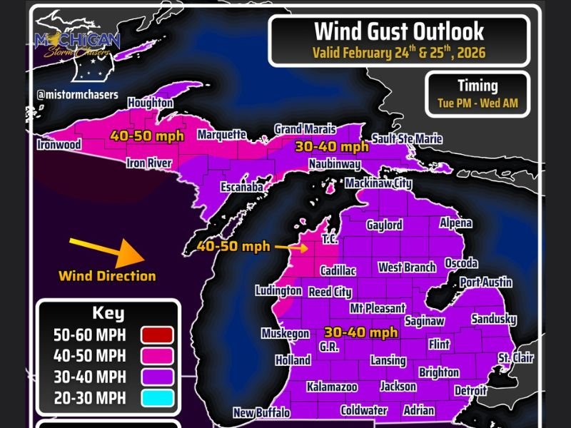 Strong Cold Front Triggers 40–50 MPH Wind Gusts Across Michigan’s Upper Peninsula and Northern Lake Michigan Shorelines Through Wednesday Morning