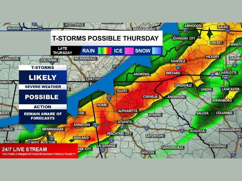 Strong Cold Front to Sweep Through North Georgia Thursday, Bringing Likely Thunderstorms and Possible Severe Risk from Atlanta to Asheville