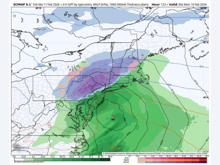 Sunday–Monday Storm Trends Toward Mostly Rain Across Mid-Atlantic and Southern New England as Track Shifts and Temperatures Stay in the Lower 40s