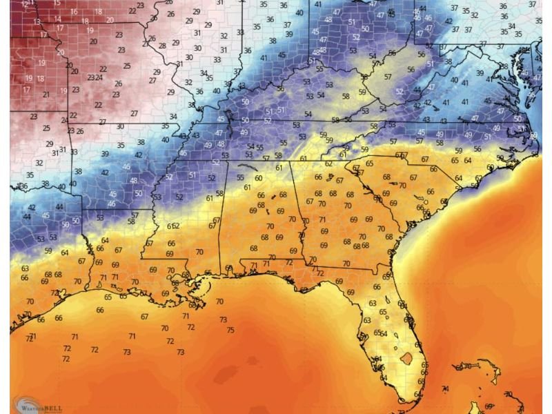 Texas, Louisiana, Mississippi, Alabama, Georgia and Florida Face a Sharp Temperature Flip as Warm Gulf Air Collides With a Strong Cold Front