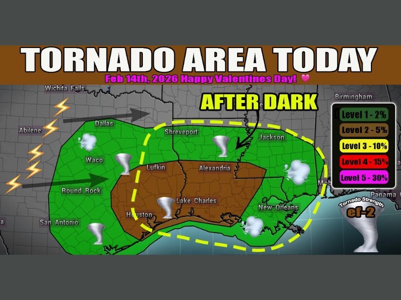Tornado Threat Expands from North Texas to Louisiana After Dark on Valentine’s Day, With Damaging Winds and Embedded Twisters Possible