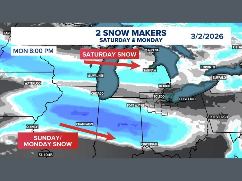 Two Snow Systems Set to Sweep Across Illinois, Indiana, Michigan and Ohio Before Major March Warmup — Up to 6 Inches Possible Sunday Into Monday