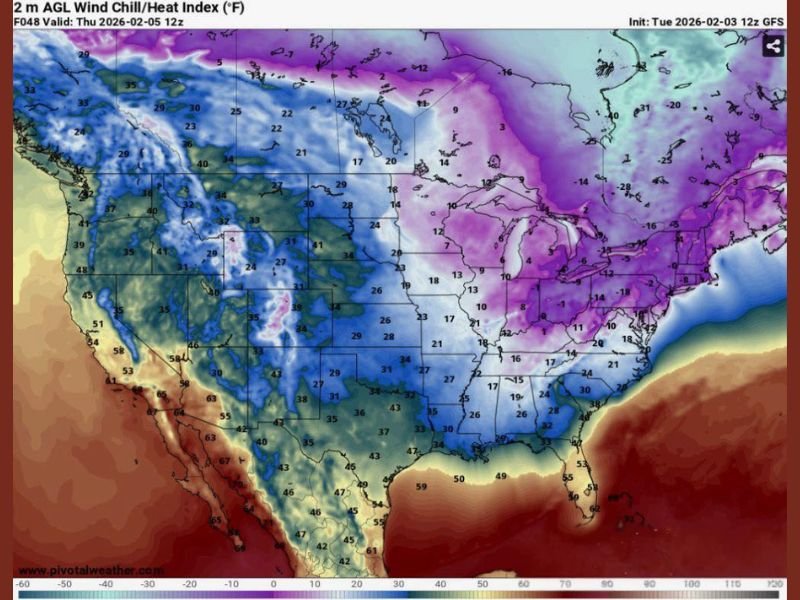 U.S. Weather Splits in Two: Bitter Wind Chills in the East While Southwest Warmth Surges, Map Shows