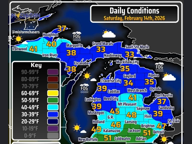 Valentine’s Day 2026 Brings Foggy Start and 40s to Low-50s Across Michigan, With I-94 Corridor Seeing the Warmest Afternoon Highs