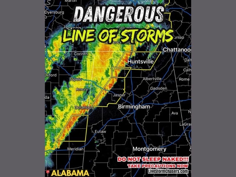 Alabama Dangerous Line of Storms With Tornado Threat Moves Toward Huntsville and Birmingham as Severe Weather Sweeps East at 50 MPH