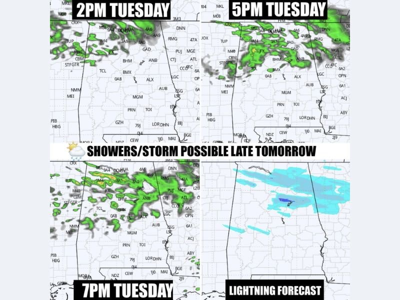 Alabama Weather Update Shows Cold Front Bringing 70s to Birmingham, Huntsville, Montgomery Before Tuesday Showers and Late Week Cooldown