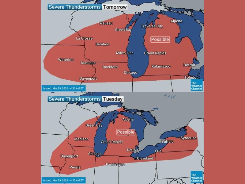 Chicago, Milwaukee, Green Bay, Grand Rapids, Detroit, Cleveland, Buffalo Face Monday Night Through Tuesday Severe Thunderstorm Risk Across Great Lakes