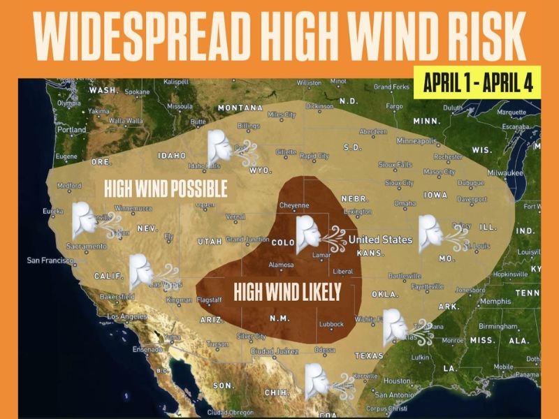 Colorado, New Mexico, Kansas, Texas, Wyoming and Plains Face Widespread High Wind Risk April 1 Through April 4 With Strong Gusts Possible Across West and Central US