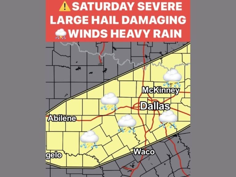 Dallas–Fort Worth Area Under Saturday Severe Storm Threat With Large Hail, Damaging Winds and Flooding Risk Along Stalled Front in Texas