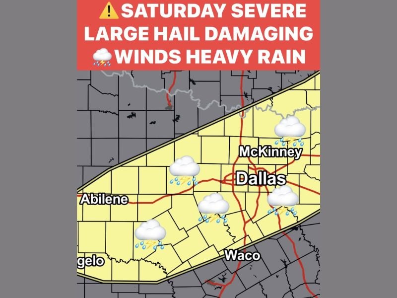 Dallas–Fort Worth Area Under Saturday Severe Storm Threat With Large Hail, Damaging Winds and Flooding Risk Along Stalled Front in Texas