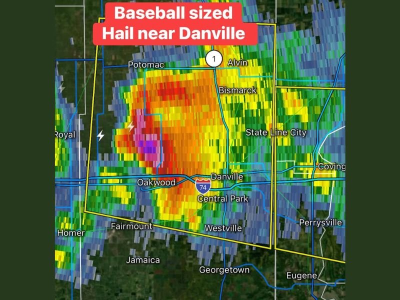 Danville Vermilion County Storm Produces Baseball Size Hail Near Oakwood Bismarck Alvin With Destructive Conditions Along I 74 Corridor