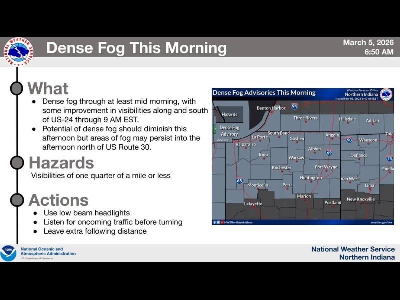 Dense Fog Advisory Issued Across Northern Indiana as Visibility Drops Below a Quarter Mile in South Bend, Fort Wayne, and Surrounding Areas