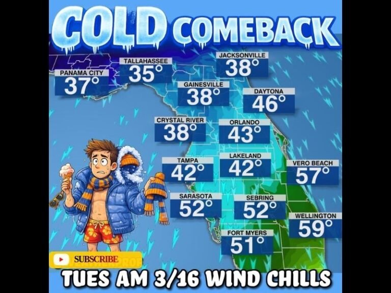 Florida Cold Snap Ahead: Tallahassee Wind Chills Near 35° While Orlando, Tampa and Jacksonville Turn Much Cooler by March 16