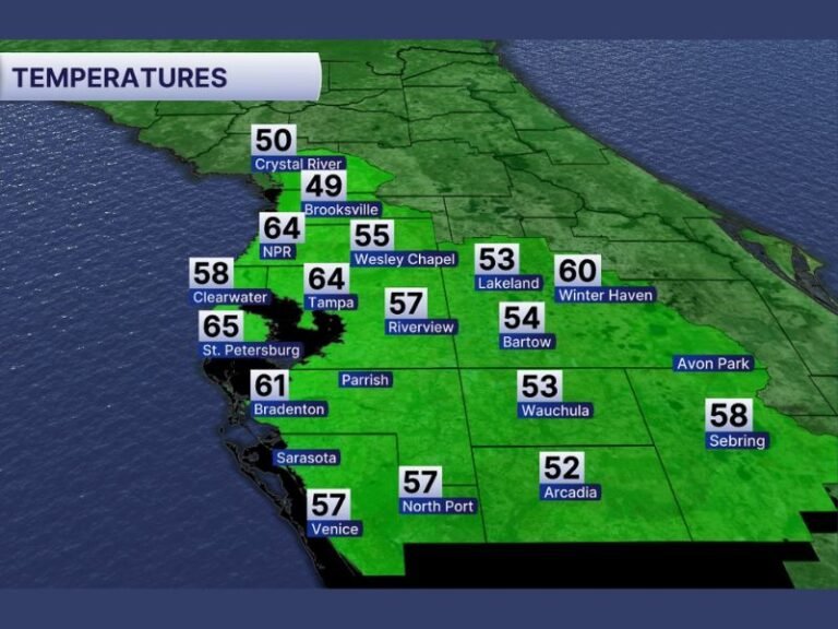 Florida Morning Chill Settles Over Tampa Bay With 40s and 50s in Brooksville, Lakeland, Sarasota Before Mild Afternoon Rebound