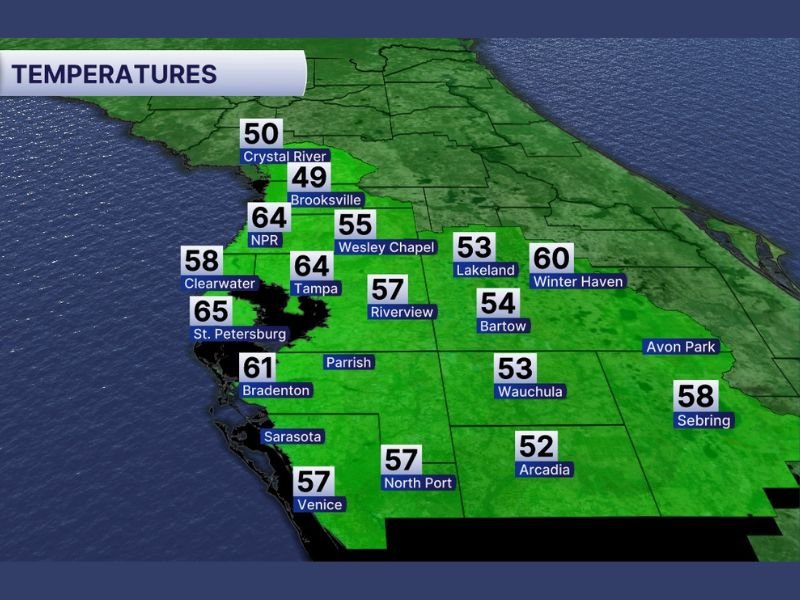 Florida Morning Chill Settles Over Tampa Bay With 40s and 50s in Brooksville, Lakeland, Sarasota Before Mild Afternoon Rebound