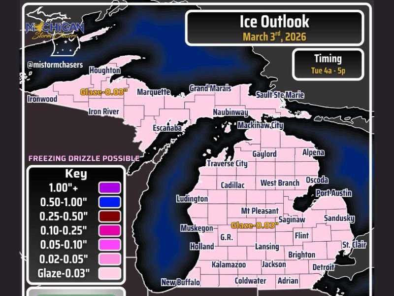 Freezing Drizzle May Leave a Light Glaze Across Michigan Tuesday Morning, With Up to 0.03 Inches of Ice Possible From Marquette to Detroit