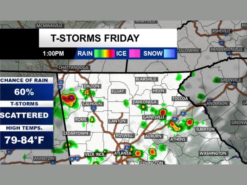 Georgia Faces Warm, Muggy Friday as Scattered Thunderstorms Target Atlanta, Gainesville, Dalton and Athens With Heavy Rain Risk