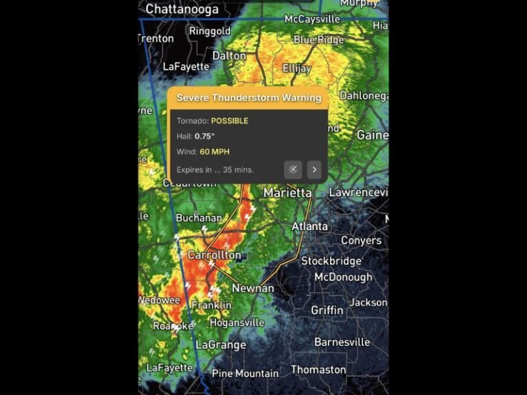 Georgia Severe Thunderstorm Warning: “Tornado Possible” Storm Moves Toward Atlanta With 60 MPH Winds Along I-85 Corridor