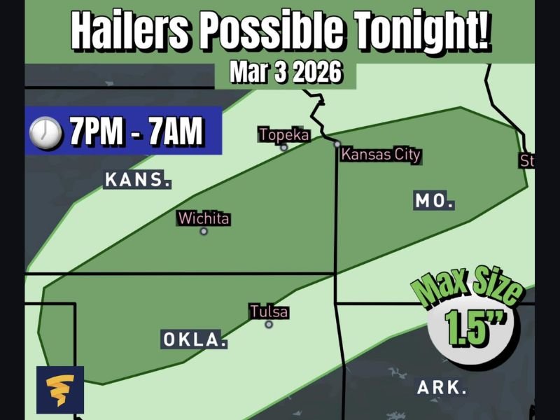 Hail Threat Builds From Wichita and Tulsa to Kansas City and Central Missouri Tonight, With 1.5-Inch Stones Possible Into Early Morning